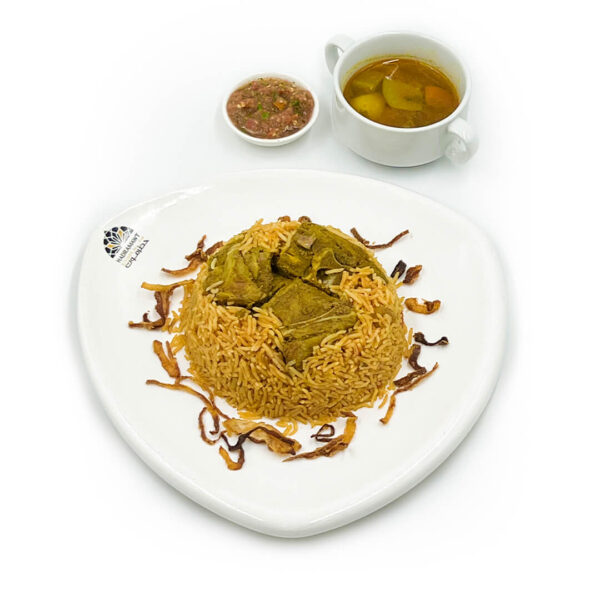 Slow-cooked lamb chunks and rice infused with spices, tomatoes, potatoes, and bell peppers, served with sahawak sauce and mixed vegetable stew.