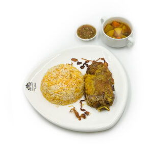 Slow-cooked lamb in a traditional subterranean brick oven with rice, served with mixed vegetable stew and sahawak sauce.